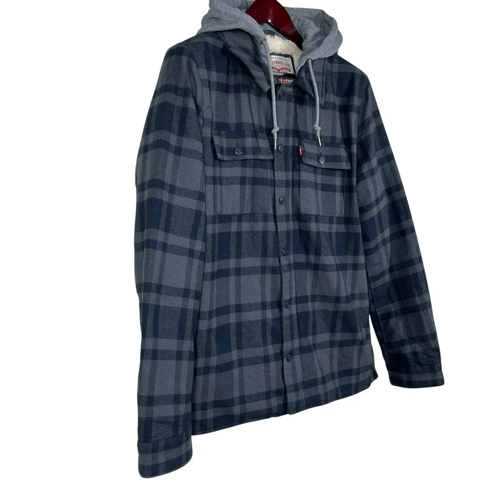 Levis Sherpa Lined Hooded Shirt Jacket Mens M Cotton Plaid Workwear Shacket